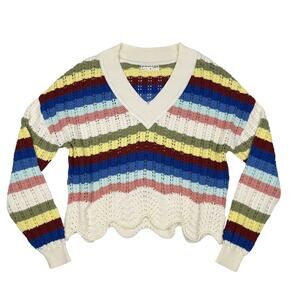 Electric & Rose Striped Crochet V-Neck Sweater Oversized Relaxed Cotton Size S